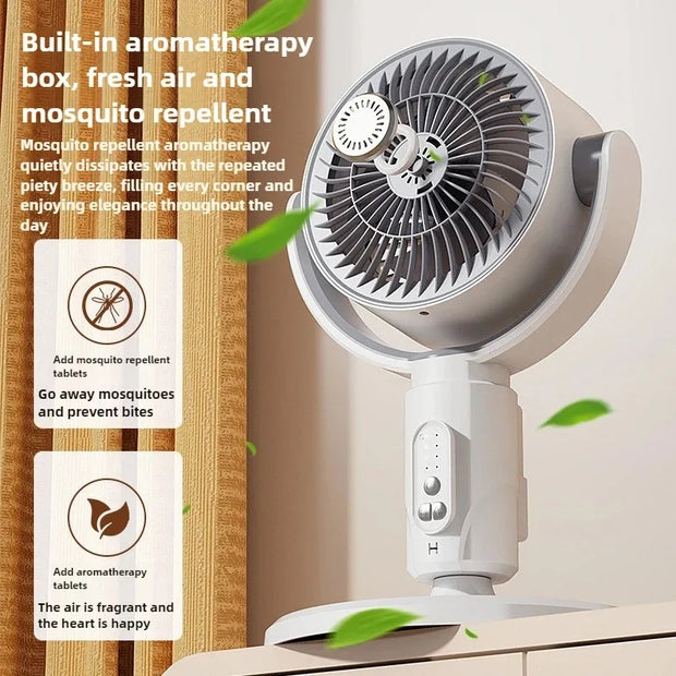 Air Circulation Fan Household Silent Floor Electric Fan with remote control, USB charging, and retractable shaking head, placed on a cabinet.